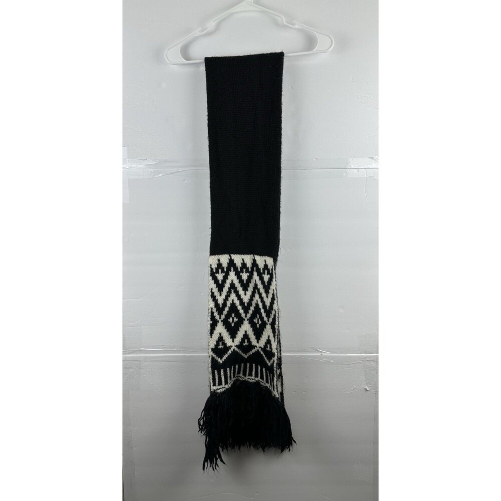 Black & White Fringed Knit Scarf Aztec Tribal Print Long Winter Wrap 78*7